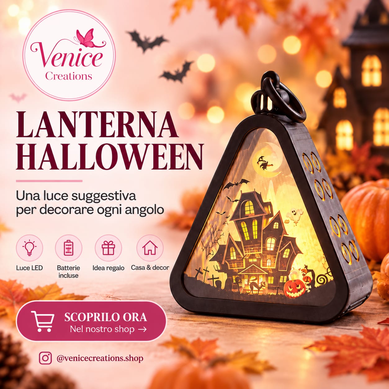 Lanterna Halloween LED con Casa Stregata