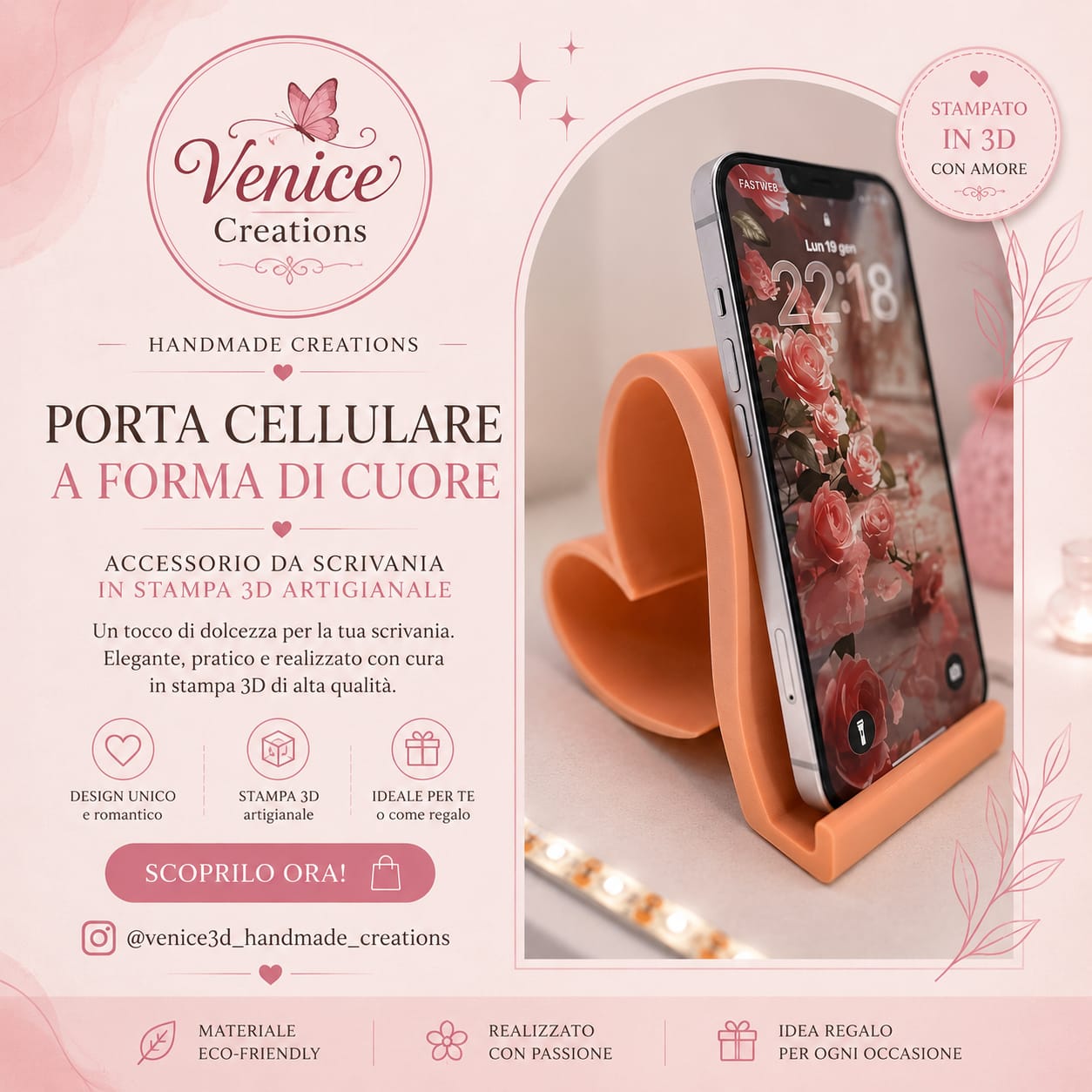 Heart-Shaped Cell Phone Holder – Handmade 3D Printed Desk Accessory