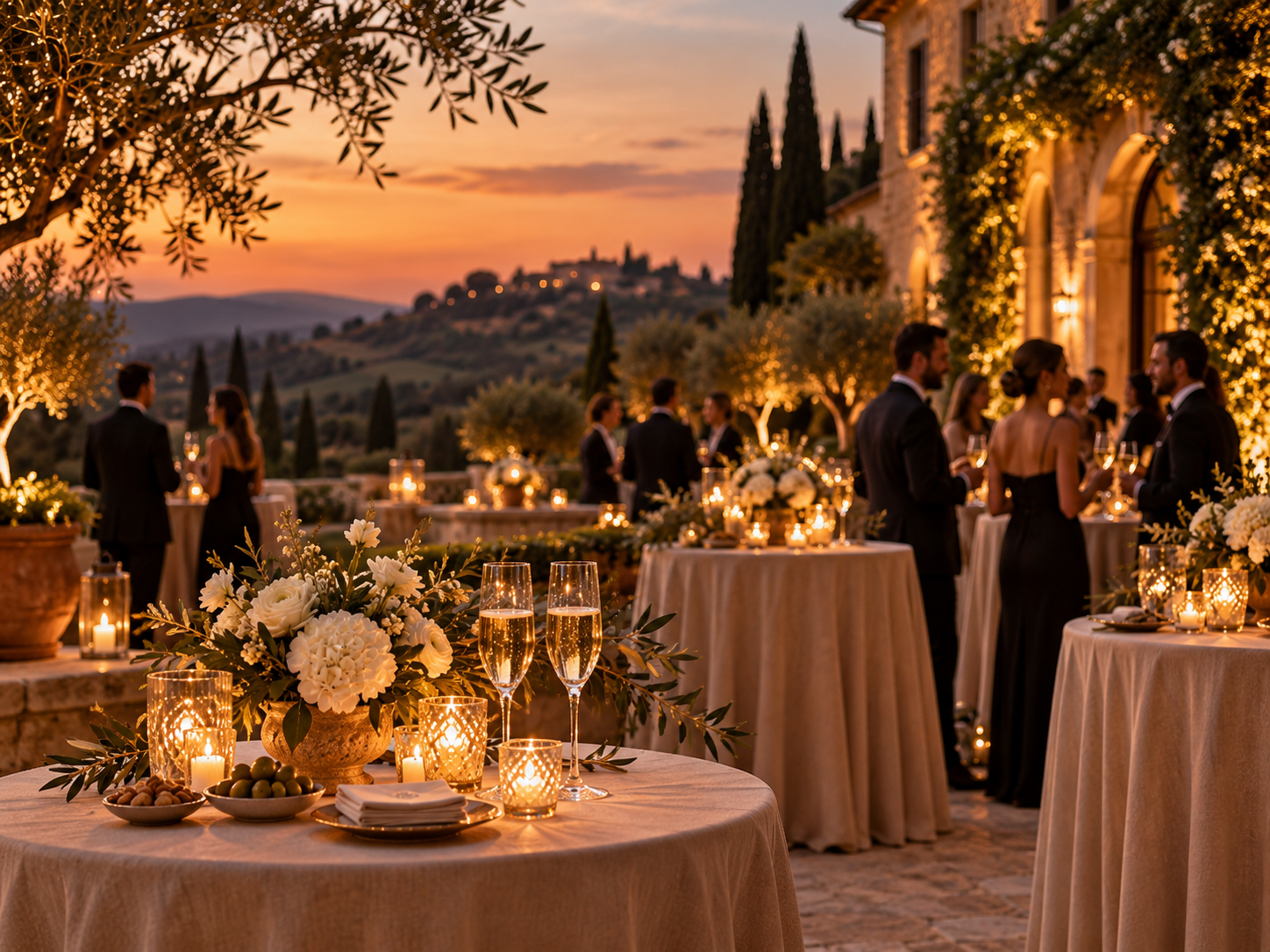 Ricevimento serale elegante in villa con tavoli allestiti e illuminazione calda