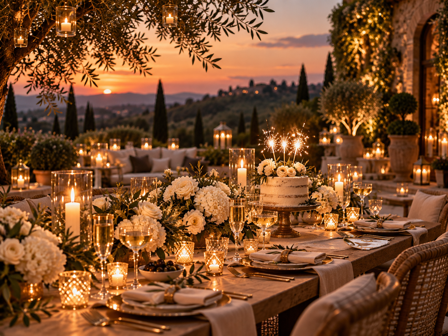 Allestimento per evento esclusivo con composizioni floreali, candele e mise en place