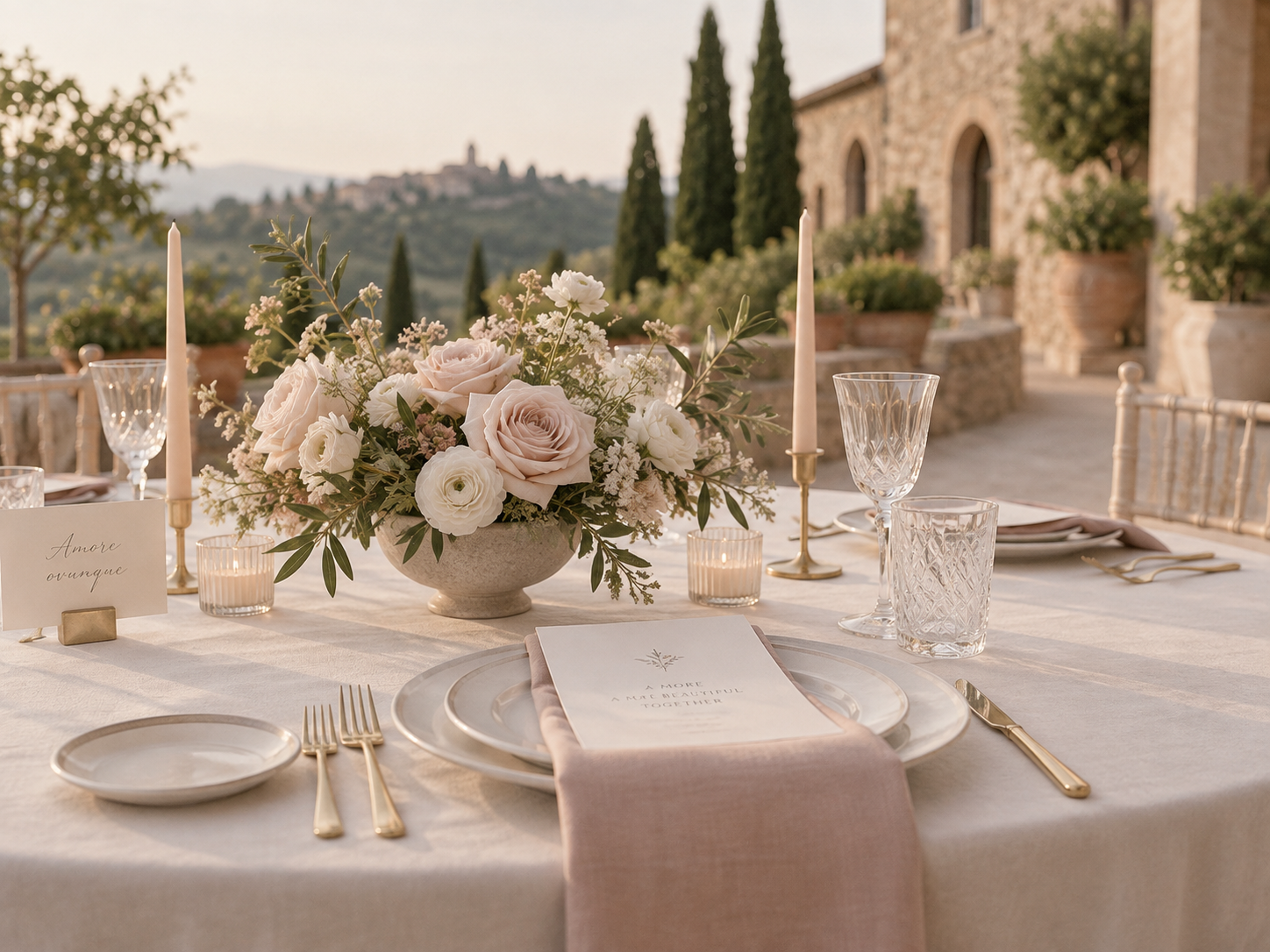 Tavolo imperiale per matrimonio all'aperto con decorazioni floreali