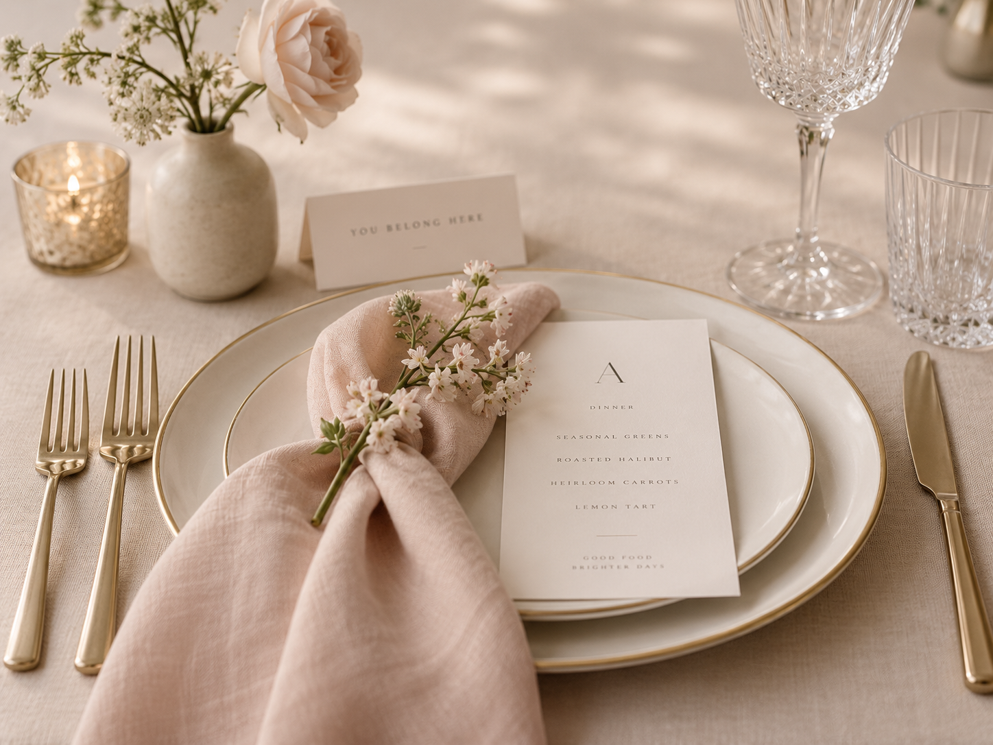 Mise en place elegante per matrimonio nei toni bianco beige