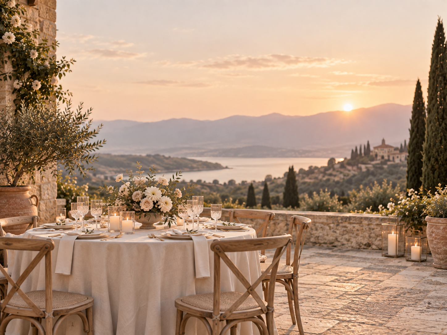 Elegant outdoor wedding reception in Italy with tables overlooking the countryside