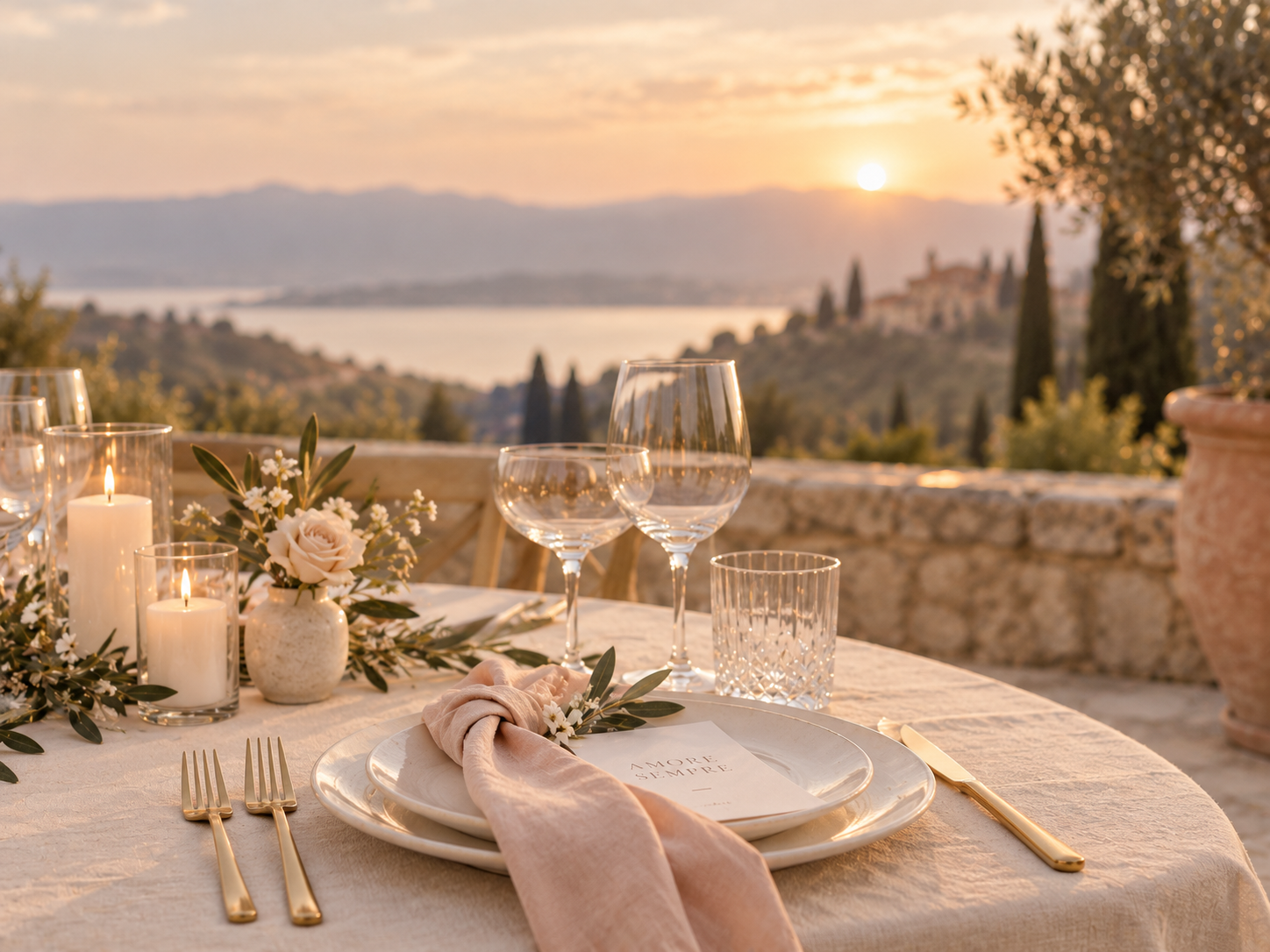 Panoramic Italian wedding venue prepared for a destination wedding celebration
