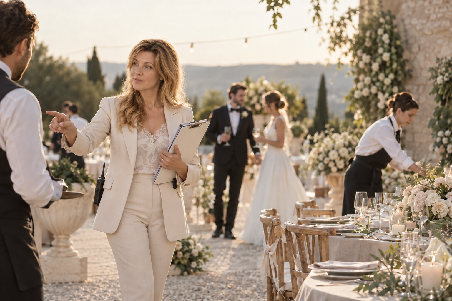 Venice, wedding planner, coordina lo staff durante un elegante ricevimento di nozze con gli sposi sullo sfondo.